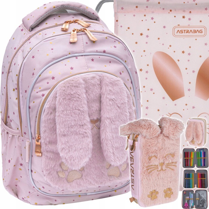 AstraBag Fluffy Bunny školský set 3v1 pre dievčatá – batoh AB330, plyšový peračník a taška