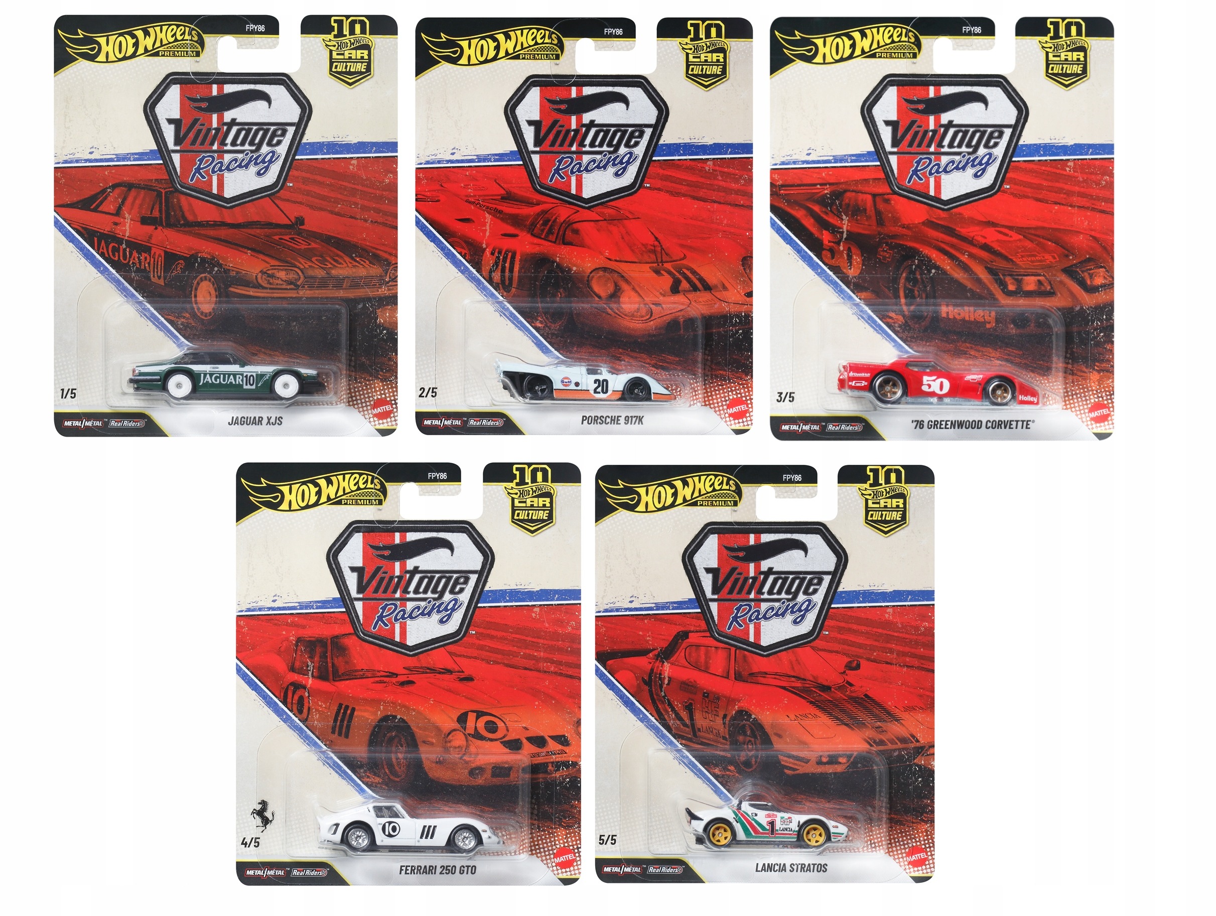 Hot Wheels Premium Vintage Racing FPY86 sada 5 áut – Jaguar XJS, Porsche 917K, Corvette, Ferrari 250 GTO, Lancia Stratos