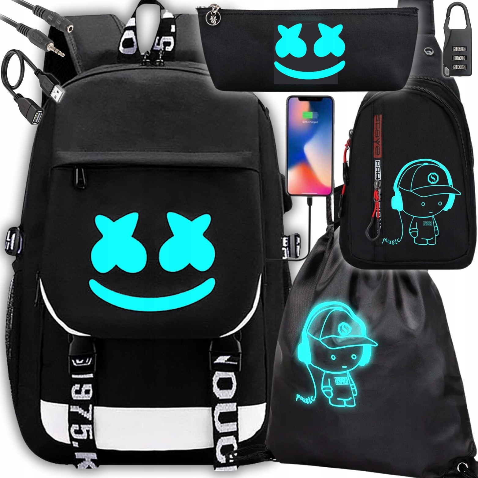 Svetielkujúci školský batoh Marshmello s USB a 7v1 príslušenstvom