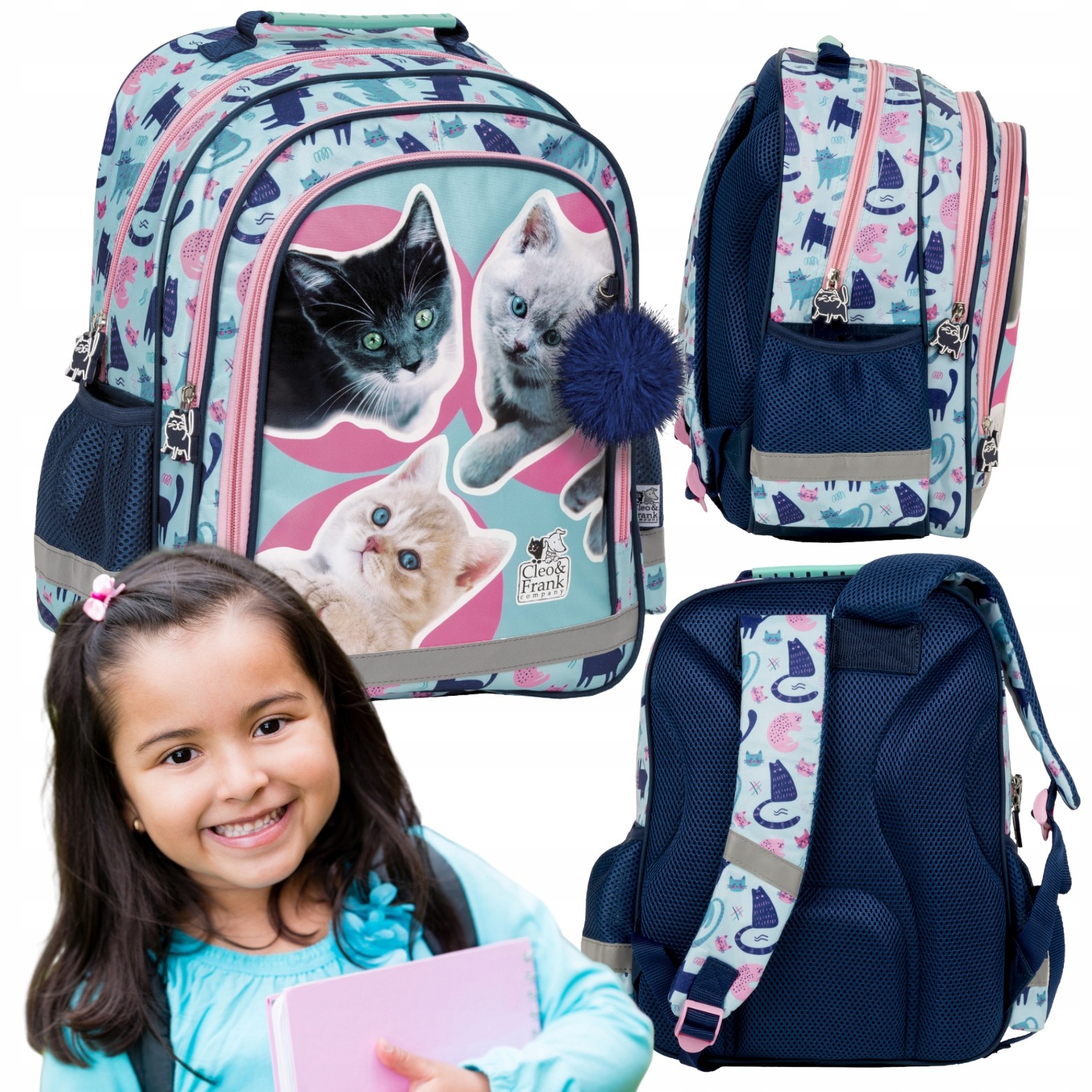 Backpack School Bag Two -Chamber Reflectors Cats