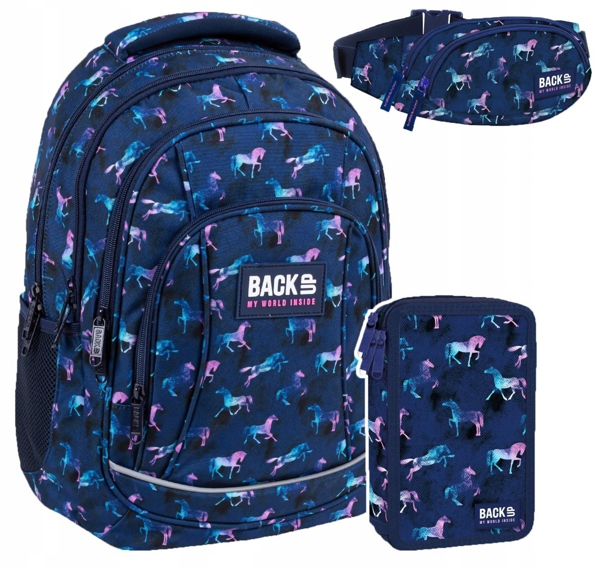 Školský batoh - Sada 3 El. Batoh ceruzky puzdro obličky Kone Navy modré