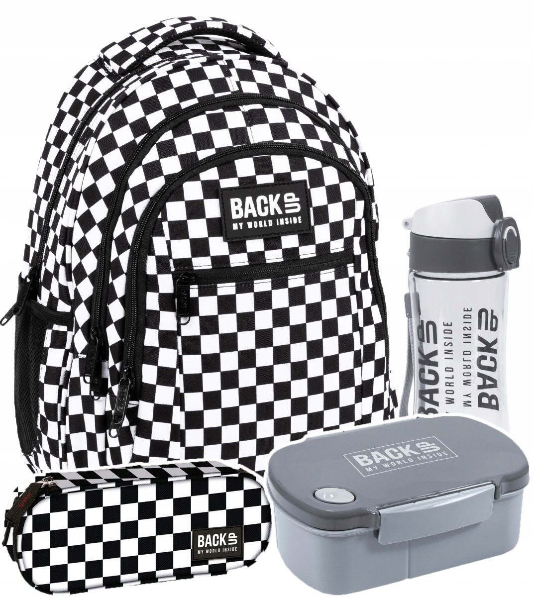 Školský batoh - SADA 4 el. BOHAT NA CERUŽKOVÚ FĽAŠU 26L CHECKER