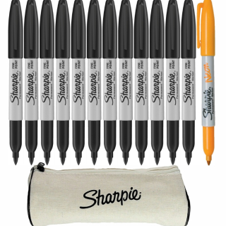 12× Fix na keramiku, na drevo, na kartón, na kov, na papier, na plast, na sklo, na textil, permanentná čierna Sharpie 1 ks + Permanentná fixka oranžová Sharpie 1 ks.