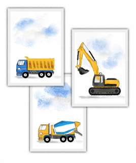 Obraz do detskej izby - 3 obrázkov rám sklápač bager auto plagát 30x40