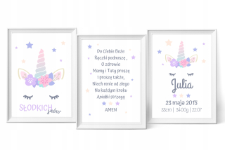 Obraz do detskej izby - 3 plagáty, metrické, Prayer, Unicorn, A4