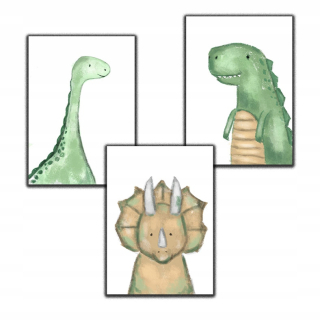 Obraz do detskej izby - 3 ks Triptych Dinosaury pre chlapcov Plagáty A3