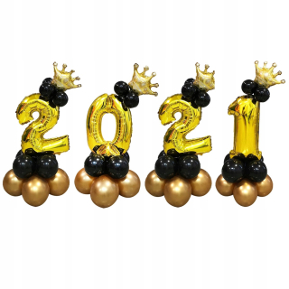 Balóny na párty - 4 ks. Čierne a zlaté balóny Crown 2021 číslo