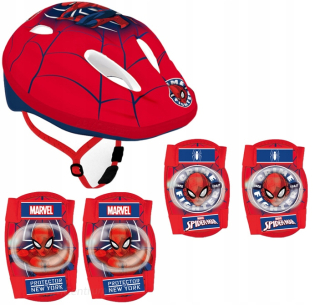 Spider-Man Seven 9057 červená cyklistická prilba + sady chráničov Marvel 9063 univerzálne