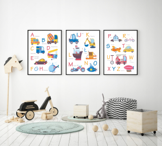 Obraz do detskej izby - ALPHABET, Vzdelávací plagát AUTOMOBILY, VOZIDLÁ 50x70 B2