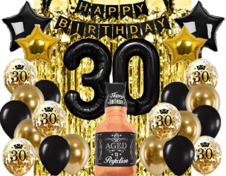 Balóny na párty - 30. NARODENINOVÉ BALÓNY WHISKEY ZLATÁ záclona CONFETTI