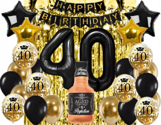 Balóny na párty - 40. NARODENINOVÉ BALÓNY WHISKEY ZLATÝ KONFET záves