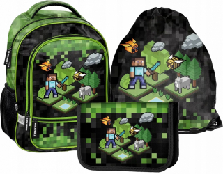Viackomorový školský batoh Minecraft Paso čierny, Odtiene zelenej, Viacfarebný 19 l + 2 ďalšie produkty