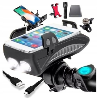 LED PREDNÁ BICYKELOVÁ LAMPA DRŽIAK TELEFÓNU POWERBANK 2000mAh HORN