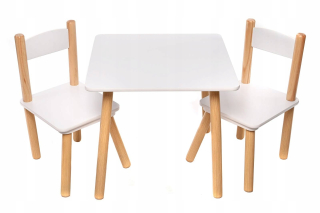 SET drevený stôl + 2 stoličky pre deti Biely stôl