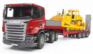 Tatra, nákladné auto - BRUDER 03555 Scania s prívesom CAT a buldozérom