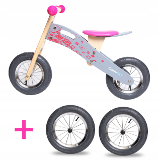 Drevený balančný bicykel s nafukovacími kolesami 10 a 12