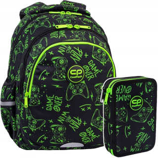 CoolPack viackomorový školský batoh, čierny, Odtiene zelenej, 21 l + JUMPER 2 DVOJITÝ PUZDRO S VÝBAVOU. HERNÁ NOC