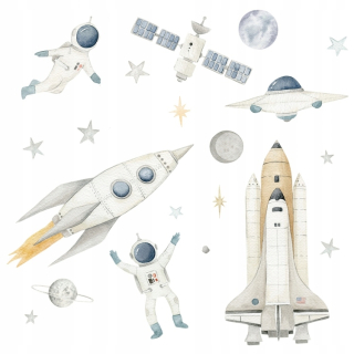 Detské samolepky na stenu - DK412 - L / samolepky na stenu Astronauti rakety