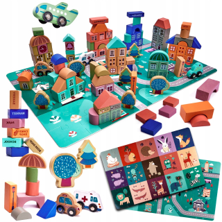Drevená stavebnica - DREVENÉ BLOKY AUTÁ 181 PRVKOV + PUZZLE