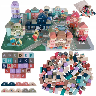 Drevená stavebnica - Drevené bloky mestské vozidlo 115 blokov + puzzle
