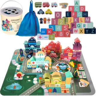 Drevená skladačka - Drevené bloky City automobilov 100 blokov + puzzle