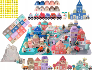 Drevené bloky Mesto automobilov 115 blokov Puzzle Set + bezplatné nálepky