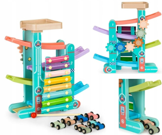 Dráha pre deti, stavebnica - Ecotoys Drevená dráha posuvné + 6 vozov