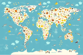 Tapeta do detskej izby - Nástenný výjav Deti Mapa sveta zvierat Ocean