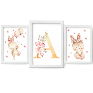Obraz do detskej izby - Iniciály Set 3ks Plagáty Rabbit Deti A3