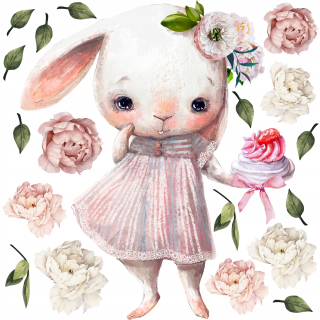 Detské samolepky na stenu - Bunny Rabbit Peonia nálepka pre deti 100 cm