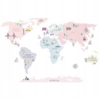 Detské samolepky na stenu - Pink World Map - Wall Sticker | Ružová. NS