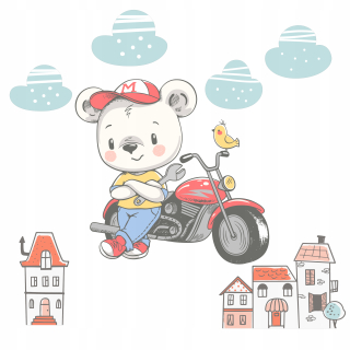 Detské samolepky na stenu - Miś motocykle chaty Clouds samolepka 50x100