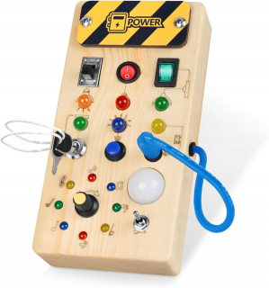 MONTESSORI BUSY DOSKA DREVENÁ SENZORNÁ HRAČKA 8 LED SPÍNAČOV