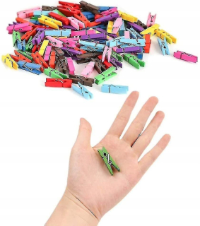 Miniatúrne drevené hmoždinky 100 ks. Farebné klipy 3,5 cm, 10 farieb