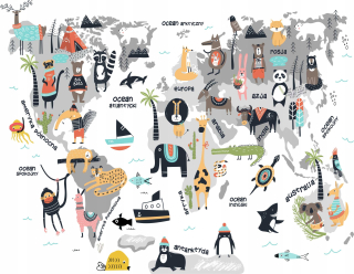 Detské samolepky na stenu - Mapa nálepka World zvieratá pre deti 100 cm pl