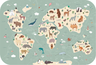 Tapeta do detskej izby - mapa nálepka World so zvieratami - detské