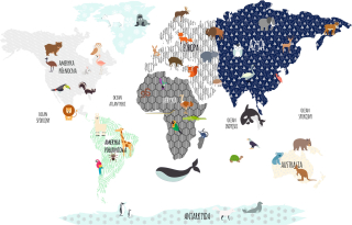 Detské samolepky na stenu - Nástenný výjav Farebné World Map Zvieratá