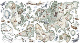 Detské samolepky na stenu - mapa samolepky na stenu World so zvieratami