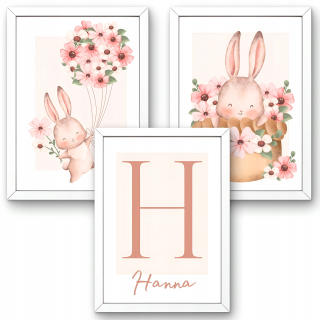 SADA 3 PLAGÁTOV A3 BABY NAME BUNNY FLOWERS