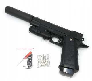 Pištoľ pre deti - Kovová pištoľ s tlmičom na loptičky + Laser G6A