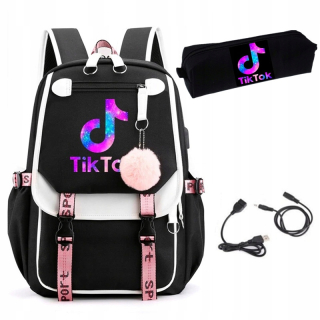 Školský batoh - Dámske batoh Tik Tik Tok Galaxy USB + Puzdro ceruzky