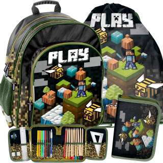 Školský batoh - School Backpack Game Minecraft Pixele Set 3in1