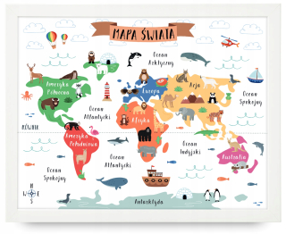 Obraz do detskej izby - Plagát pre deti 40x50 mapou sveta v ráme
