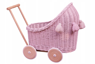 Pink prútený kočík pre bábiky + chwosty
