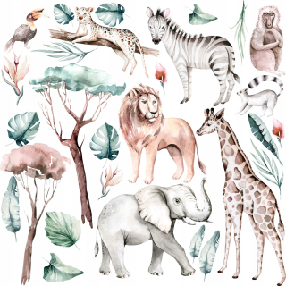 Detské samolepky na stenu - SAFARI JUNGLE ELEPHANT GIRAFF nástenné samolepky XXXL