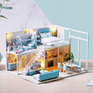 Domček pre bábiky -
Skladací drevený model Mini Drevené LED Cottage