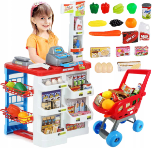Detská pokladňa - obchod - Supermarket Kids Shop Kasa + Košík výrobky