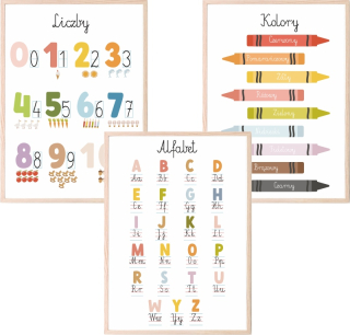 Sada 3 ks plagátov A3 MONTESSORI Náučná abeceda Čísla Farby Rôzne vzory