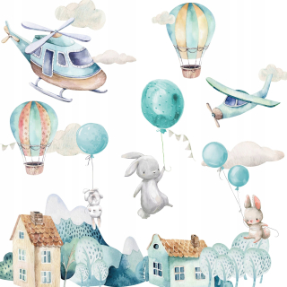 Detské samolepky na stenu - Lietadlo Vrtuľník Balloons Wall Sticker 160 cm