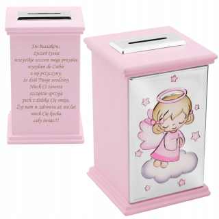 Pokladnička pre deti - Piggy Bank Angel Pink Souvenír pre krst Gravírovanie